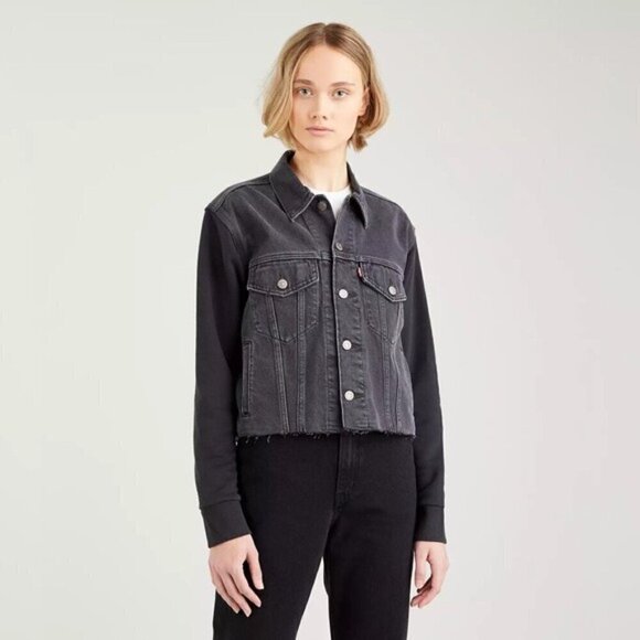 NWT Levi's Ex Boyfriend Hybrid Black Cropped Trucker Jacket Size Medium Large - Picture 3 of 5